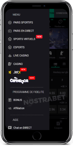 menu de l'application cbet ios
